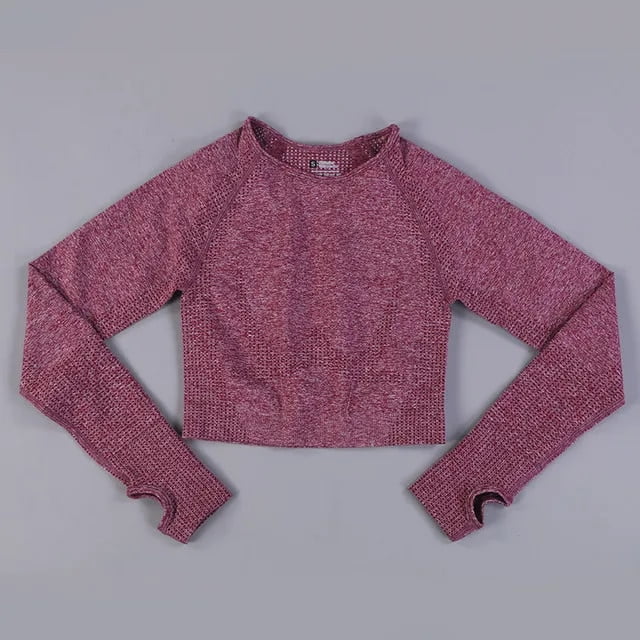 Conjunto de Yoga sin costuras, conjunto deportivo de 2 piezas, ropa de mujer, Top corto de gimnasia de manga larga, Leggings de cintura alta, conjunto de entrenamiento, ropa deportiva para Fitness