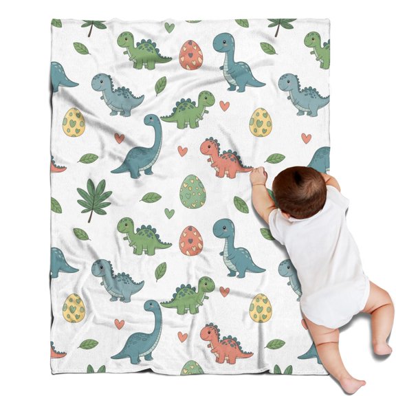 White Cartoon Dinosaurs Eggs Hearts Pattern Blanket,Comfortable Soft Flannel Throw Blanket,All Season,Warm Lightweight Blankets for Sofa Bed Couch Living Room Chair,30"x40"