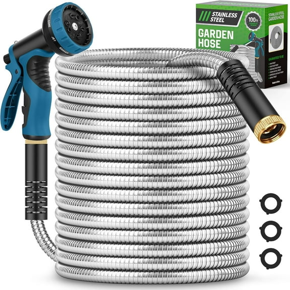 BAODELI Garden Hose 100FT, Water Hose with 10 Function Nozzle, Garden Hose Metal with Leak-proof Connectors, No-Kink, Lightweight, Puncture-proof, Pet-proof, Sturdy, 550PSI, Hose for Outdoor, Yard