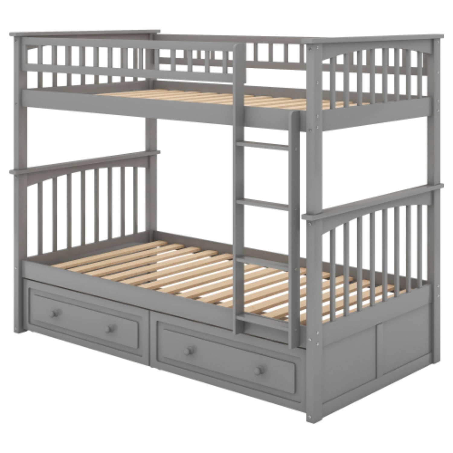 Twin Over Twin Bunk Bed with Storage Drawers, Convertible Wood Bunk Bed with Safety Guardrails, Solid Pine Wood Kids Bed Frame for Bedroom, Gray