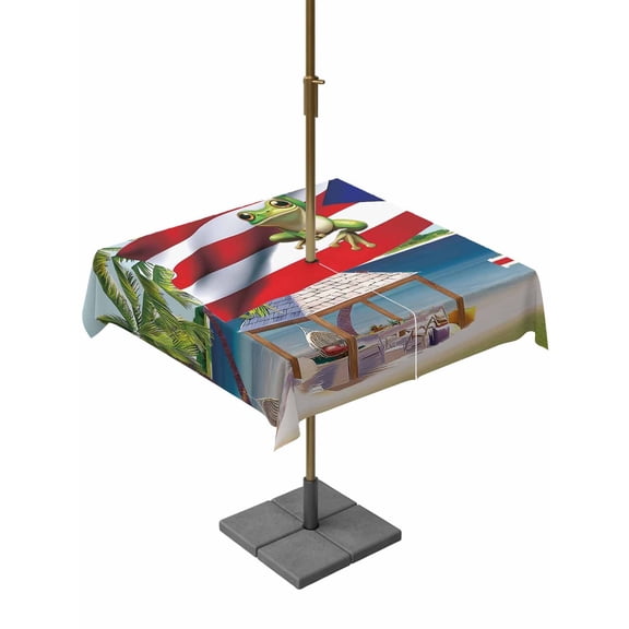 Square Outdoor Tablecloth with Umbrella Hole Red Blue Flag Outside Table Cloth Waterproof Patio Table Cover Frog Star Summer Ocean Beach Palm Tree Zipper Tablecloths for Picnic Camping 60x60 Inch