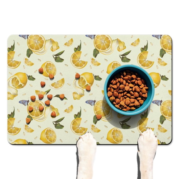 Floral Lemon Yellow Dog Feeding Mat - Waterproof Non-Slip Pet Food Pad with Retro Design, Easy to Clean and Durable