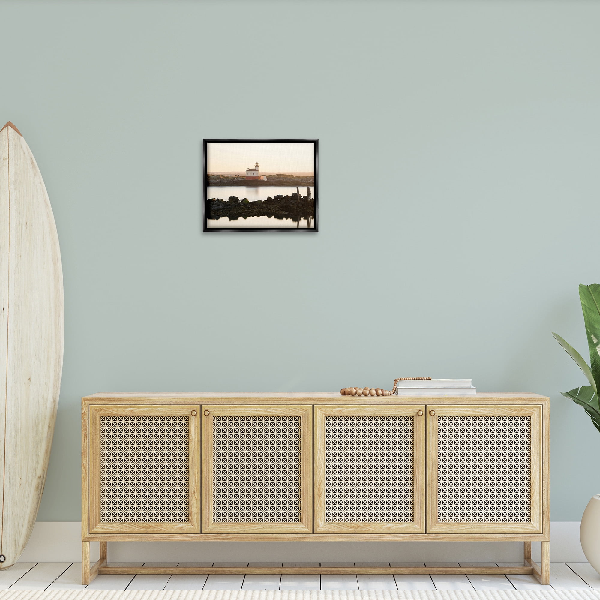 Stupell Industries Lighthouse with Soft Sunlight Landscape Photography Black Floater Framed Canvas Art Print Wall Art, 21 x 17