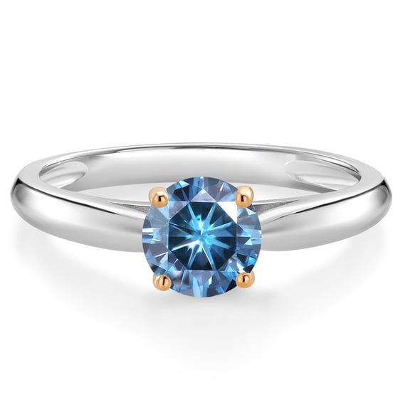 Gem Stone King 10K White and Yellow Gold Solitaire Engagement Ring Persian Blue Round Moissanite (0.80 Cttw) (Size 6)