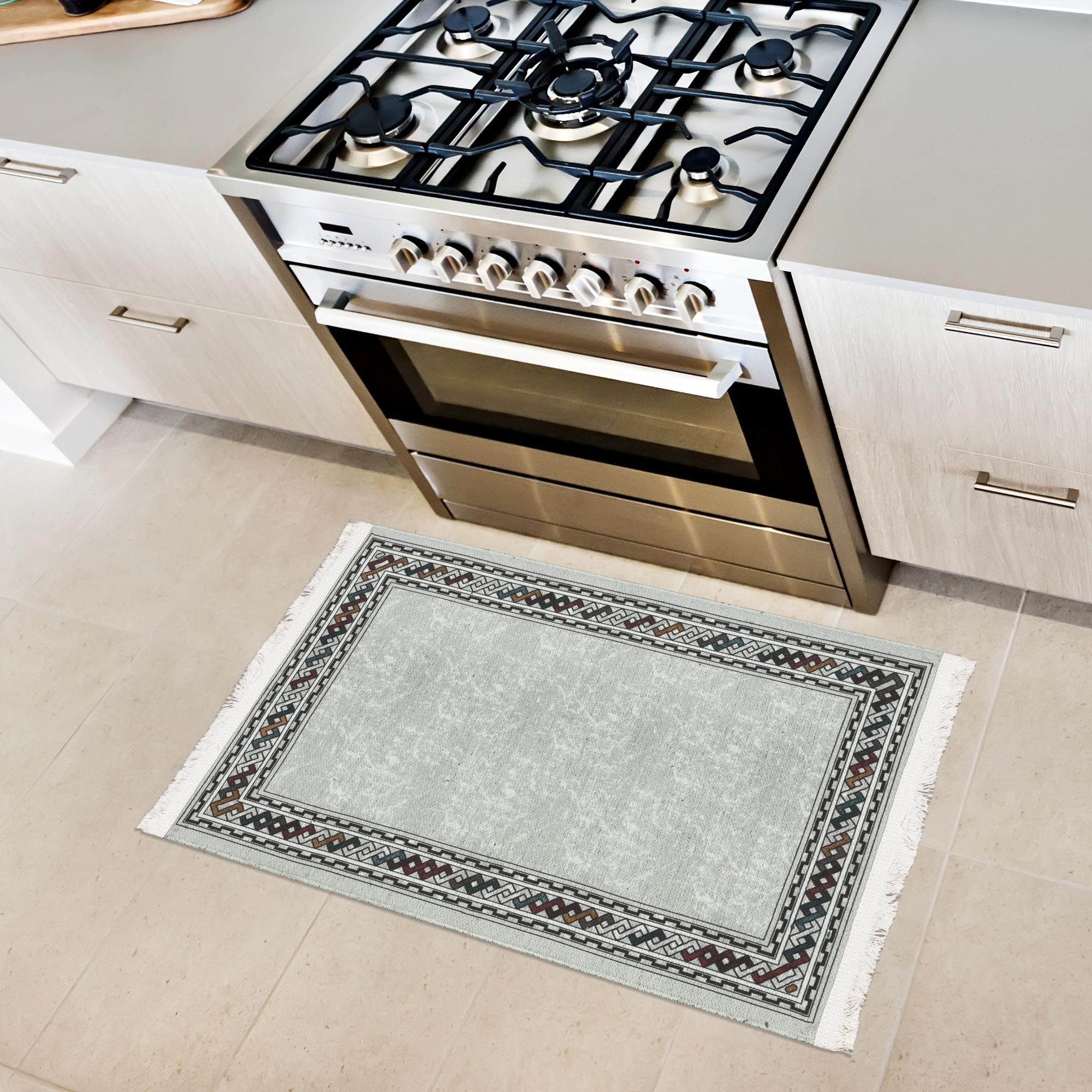 Ottomanson Machine Washable Cotton 2x3 Flatweave Area Rug for Entryway, 2' x 3', Light Gray/Multicolor Border