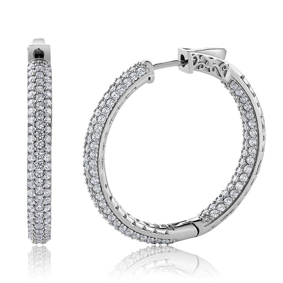 Gem Stone King 2.00Ct 925 Sterling Silver 3 Row Pave Inside-Out Cubic Zirconia Hoop Earrings