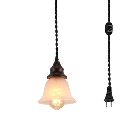 KAYYELAMP 15ft Plug in Dimmable Cord Pendant Vintage Walnut Base White Frosted Glass Shade Retro Style for Home Office Kitchen Store(No Bulb)