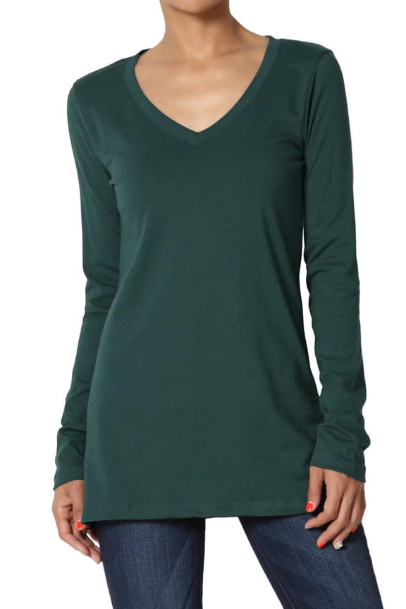 Women's V-Neck Long Sleeve Top Basic Stretch Cotton Relaxed Slim Fit T-Shirt Hunter Green XL