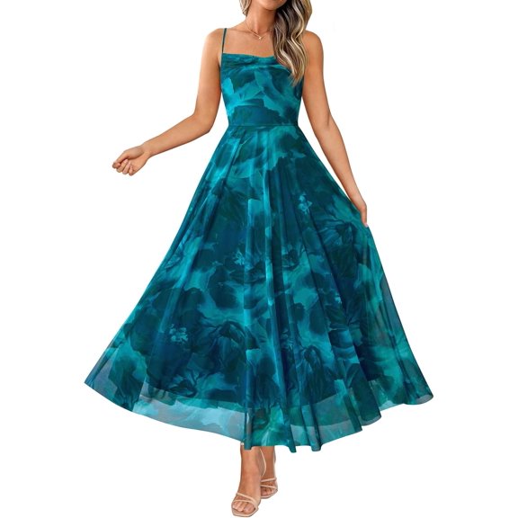 Women's Floral Print Spaghetti Strap Maxi Dress, Elegant Cowl Neck Chiffon Long Dress for Wedding Guest Formal Party