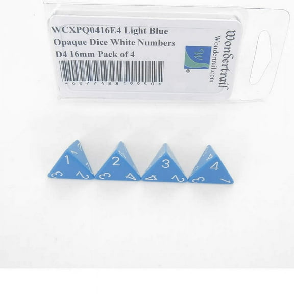 Light Blue Opaque Dice with White Numbers D4 Aprox 16mm (5/8in) Pack of 4 Wondertrail