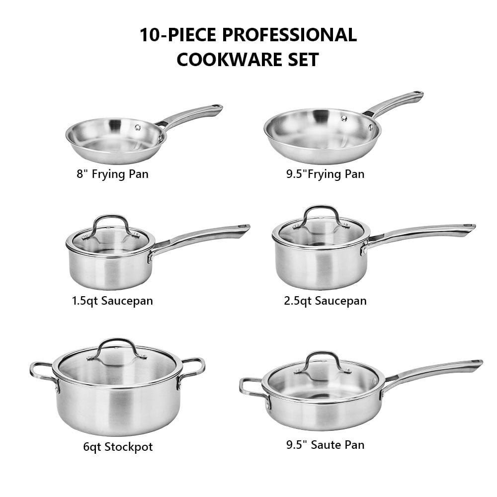 Ktaxon 10-Piece Stainless Steel Cookware Set, 3 Ply Pots and Pans Kitchen Set, Oven Dishwasher Safe, Compatible for Most Cooktops