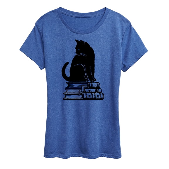 Instant Message - Black Cat On Books - Women's Short Sleeve Graphic T-Shirt