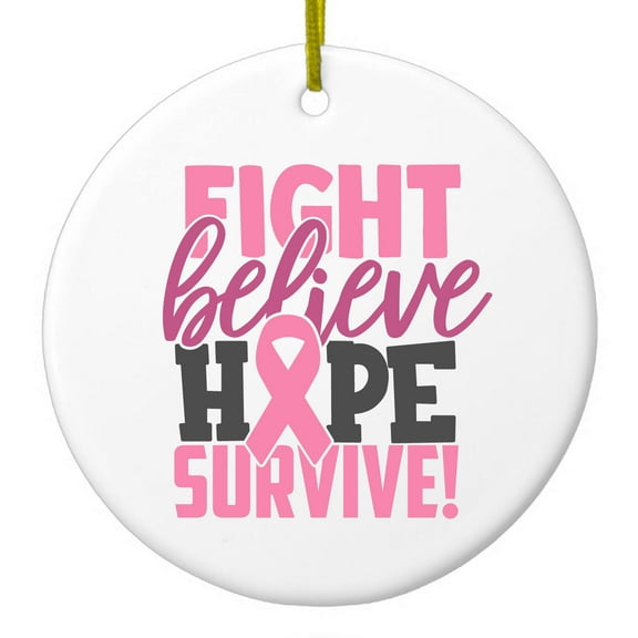 DistinctInk Hanging Ceramic Christmas Ornament - Fight Believe Hope Survive - Gold String, 2-3/4 inch Diameter