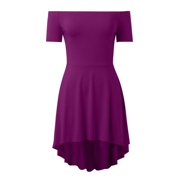 Vestido skater asimétrico con hombros descubiertos para mujer - Vestido de cóctel de fiesta con manga corta y dobladillo asimétrico, tallas S-2XL