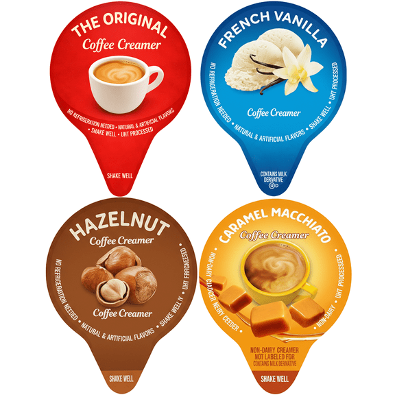 Coffee Creamers Variety Pack 120 Single Serve Liquid Creamers for Office & Home Use Optimized Flavor Ratio – 4 Flavors Original French Vanilla Hazelnut Caramel Macchiato – No Refrigeration