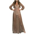 thumbnail image 1 of Pompotops Robe Femme Unie à Paillettes Fine à Fermeture Éclair Ajourée Aguichant Dos Nu à Manches Longues à Col en V en Solde, 1 of 7