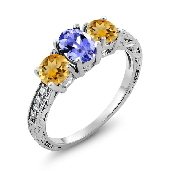 Gem Stone King 2.32 Ct Oval Blue Tanzanite Yellow Citrine 925 Sterling Silver Moissanite Ring (Size 7)