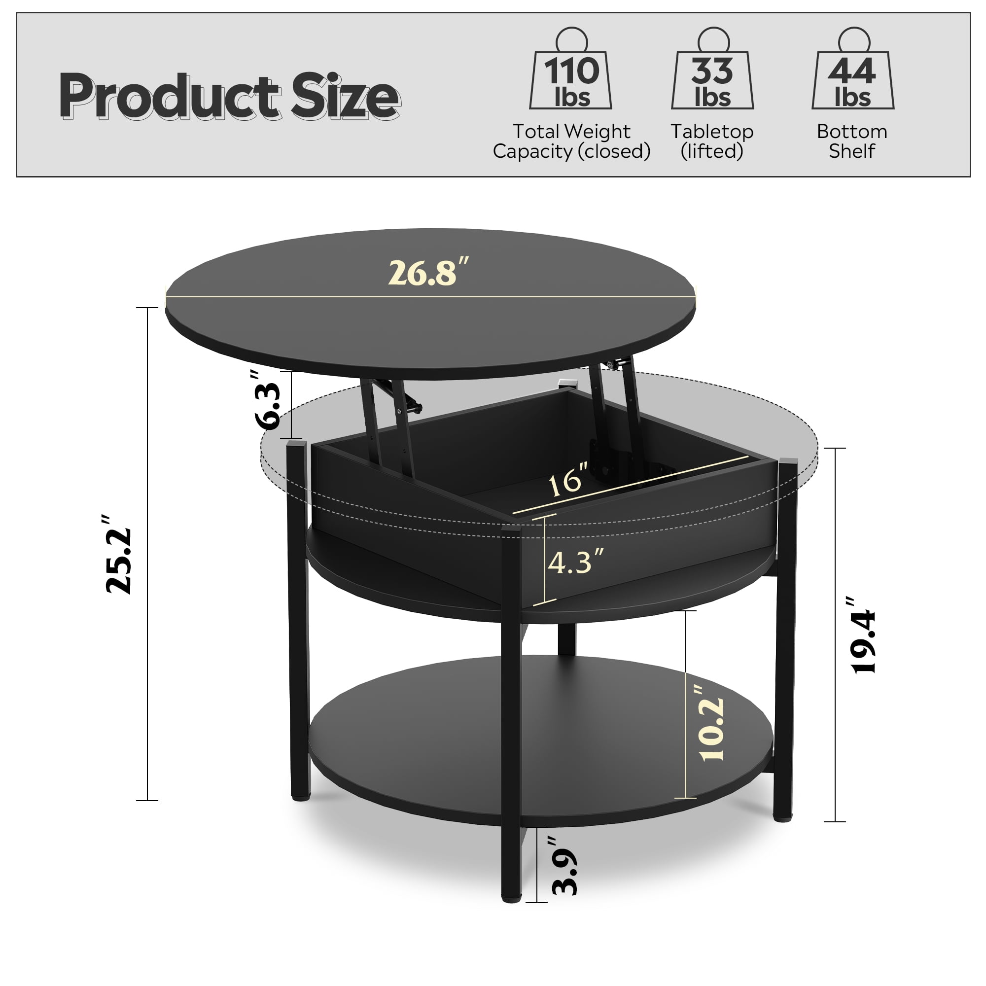 GALAXHERO Round Lift Top Coffee Table with Hidden Compartment and Storage Shelf, Farmhouse Small Coffee Table with 2 Tier for Living Room Black