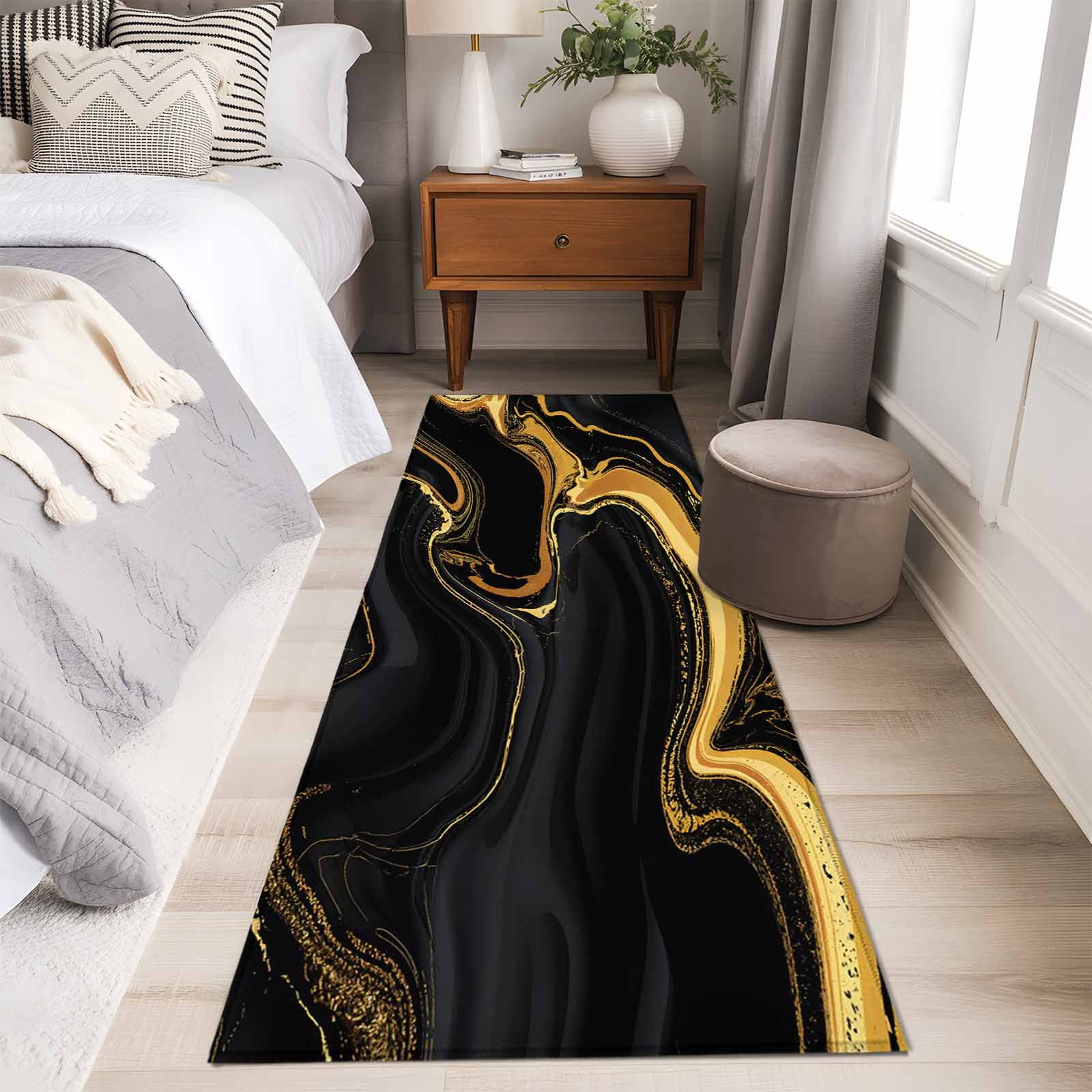 Black Gold 2x6 Runner Rug for Hallway Walkway Kitchen Galley, Marble Luxury Abstract Abstract Fluid Texture Low Pile Washable Non Slip Long Area Rug