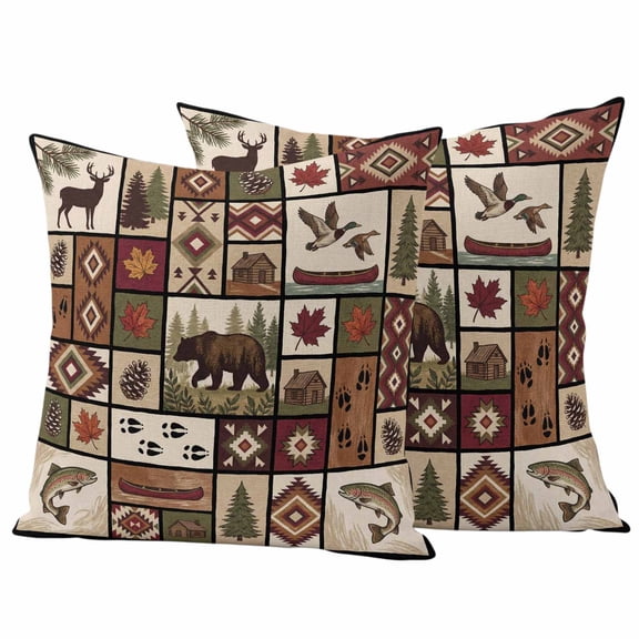 Country Patch Plaid Outdoor Waterproof Pillow Covers, Brown Farmhouse Retro Bear Deer Cabin Decorative Square Throw Pillowcase Sofa Cushion Sham for Patio/Couch/Chair, 24"x24" 2 Pack