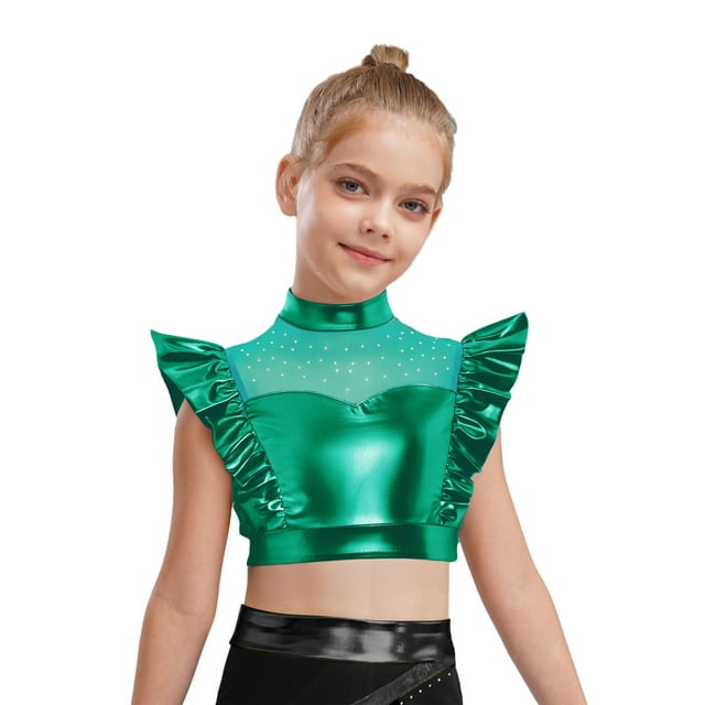 Hansber Kids Girls Ruffle Crop Tops Shiny Mesh Patchwork Hip Hop Street Dance Tops Performance Costume Green 16