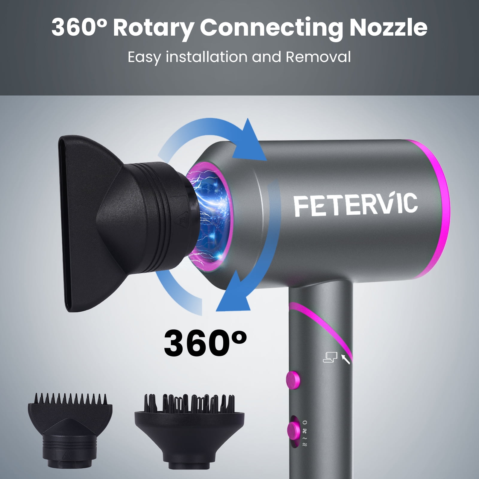 FETERVIC Folding Hair Dryer 2000W, Lightweight Travel Blow Dryer with Ionic Technology, 2 Speed & 3 Heat Settings, Low Radiation, Diffuser & Nozzles Included