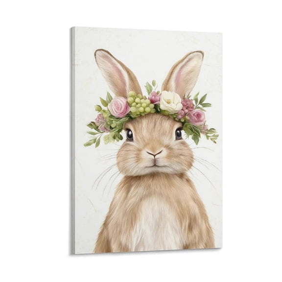 Framed Easter Bunny Wall Art, Spring Easter Rabbit Garland Canvas Wall Decor Painting, Cute Animal Flower Artwork Prints Pictures for Kids Nursery Living Room Bedroom