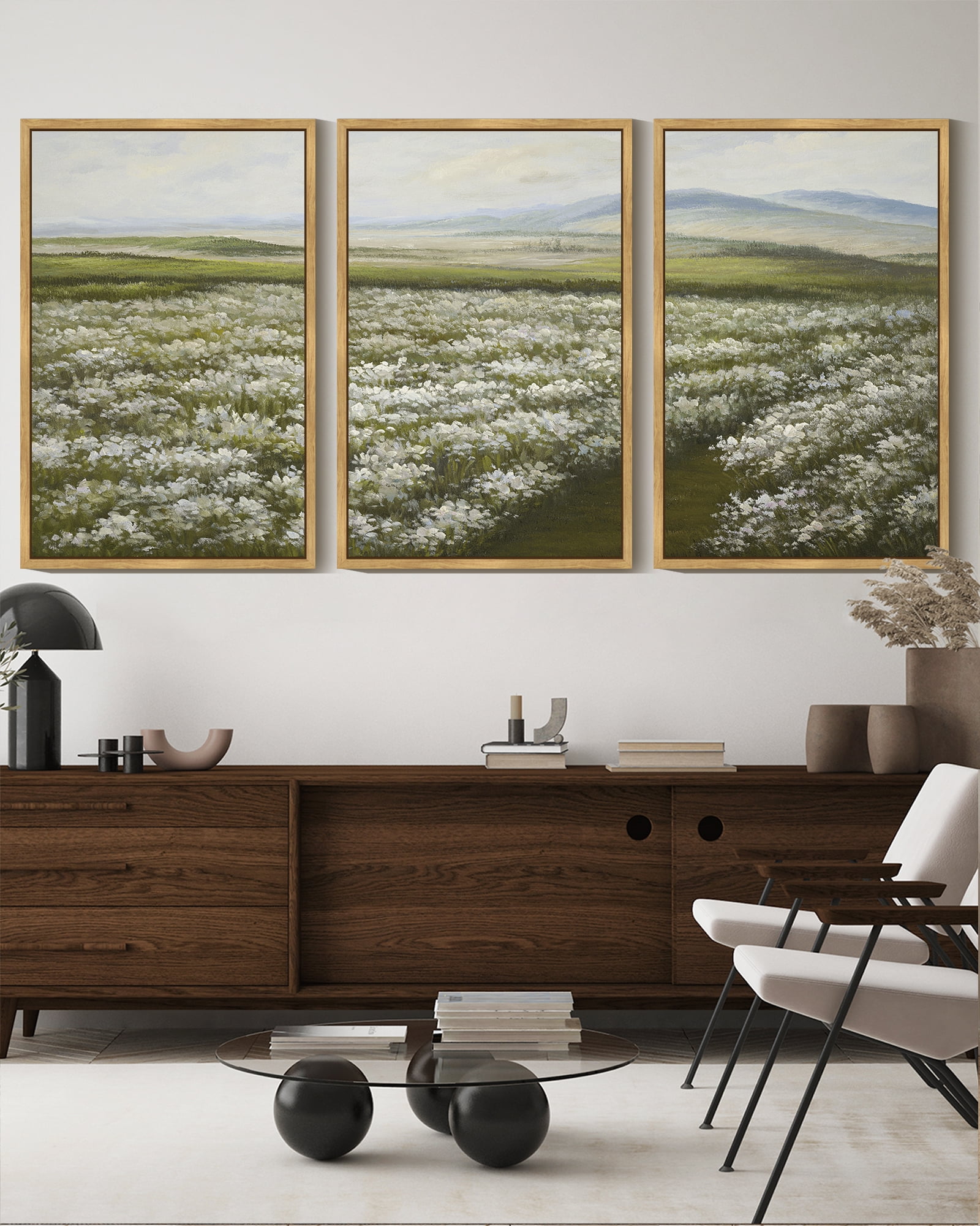 Drsoum Vintage Wall Art 16x24in3pcs Natural Framed Rustic Meadow Sea of Wildflower Field Landscape Painting Retro Floral Scenery Farmhouse Kitchen Decor