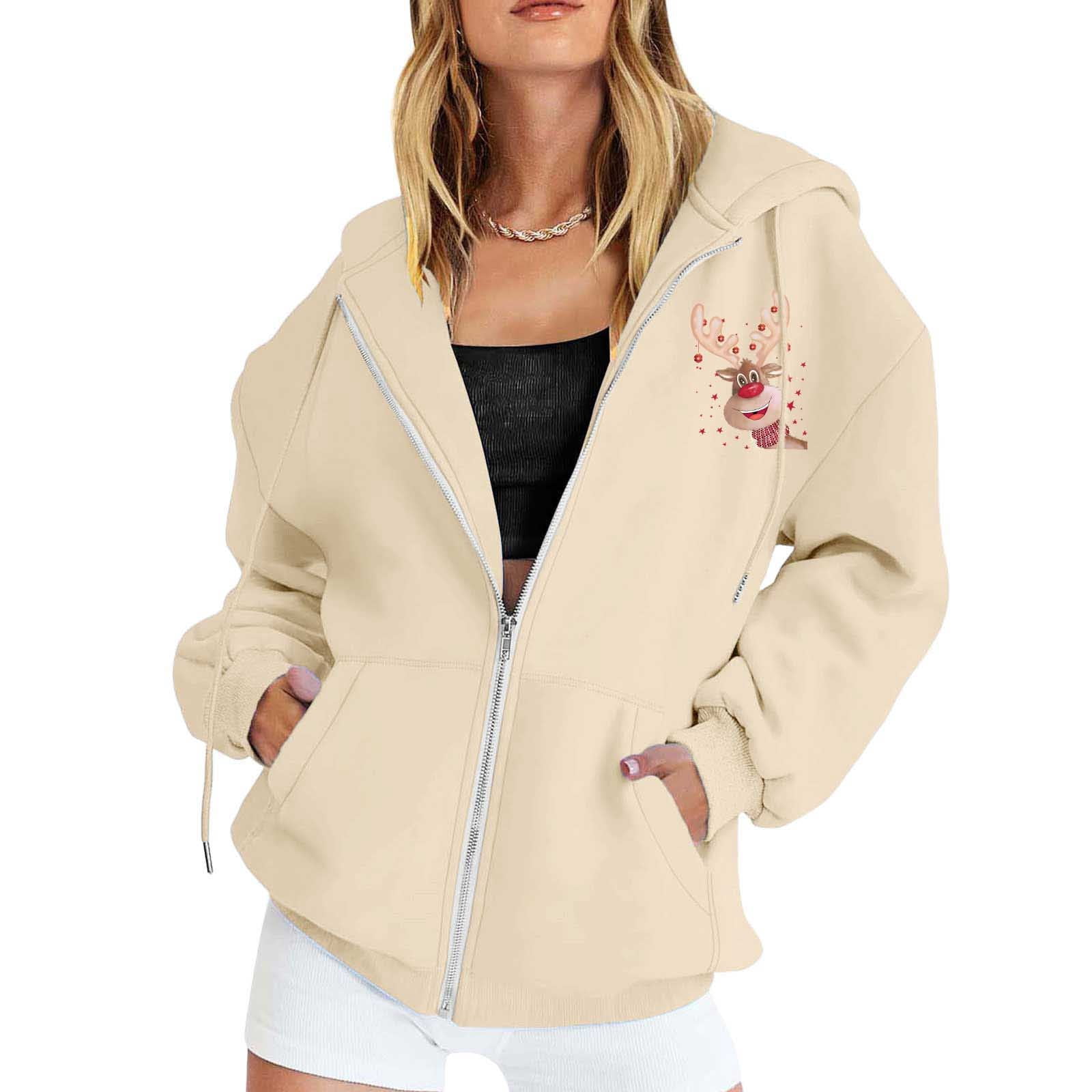 Ugly Christmas Hoodies for Women Zip Up Xmas Graphic Print Fleece Hooded Sweatshirts Funny Holiday Party Casual Jackets