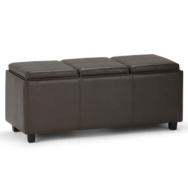 Simpli Home Avalon 3 Faux Leather Tray Bench in Chocolate Brown