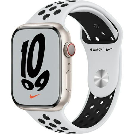 Restored Apple Watch Gen 7 Series 7 Nike Cell 45mm Starlight Aluminum Pure Platinum Sport Band MKJK3LL/A (Refurbished)