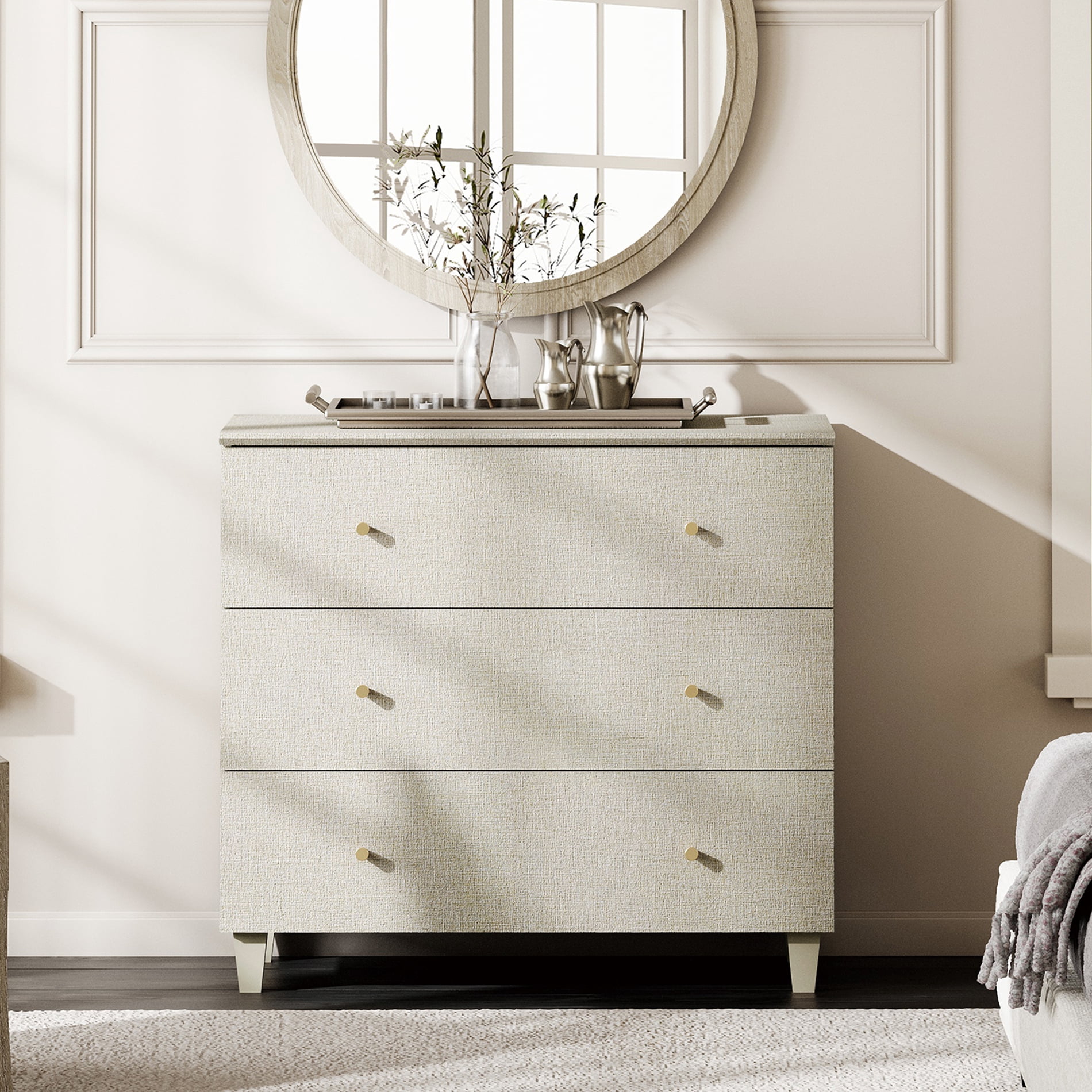 3-Drawer Dresser for Bedroom, Wood Bachelors Chest, 35.4 Inches Wide Chest of Drawer for Closet Organizer, Beige Faux Linen