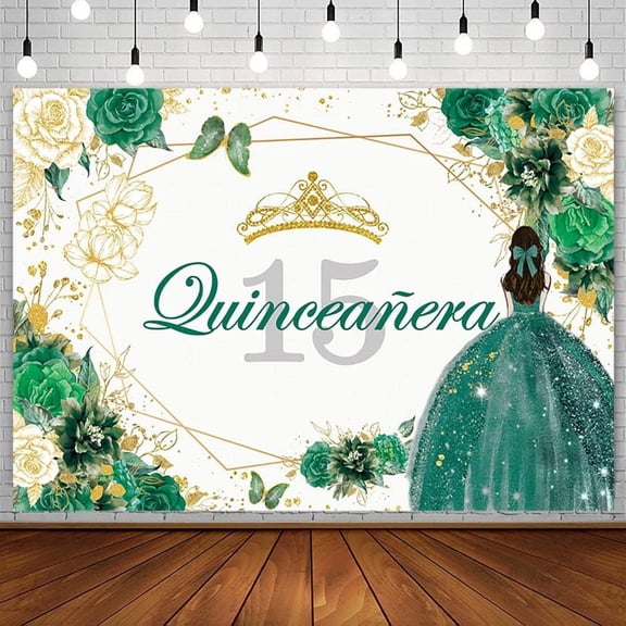 Quinceanera 15th Birthday Backdrop for Sweet Girl Mis Quince Anos 15th Birthday Party Decorations Green Gold Floral Crown Butterfly Banner Photography Background Cake Table Props