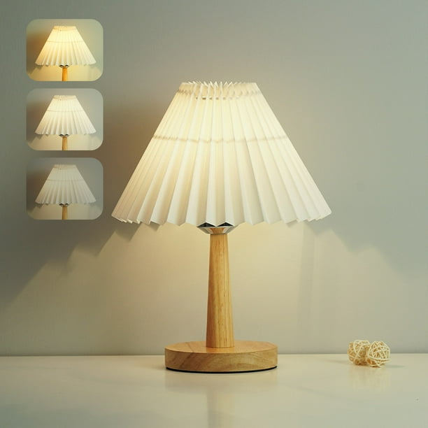 Lámpara de mesa regulable con pantalla de tela de lino para mesita de noche | Base de madera maciza, alimentación por USB, bombilla LED incluida | Lámpara de escritorio para oficina, sala de estar y