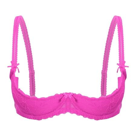 Aiihoo Women 1/4 Cup Lace Shelf Bra Balconette Underwired Demi Shelf Bra Sheer Bralette Rose M