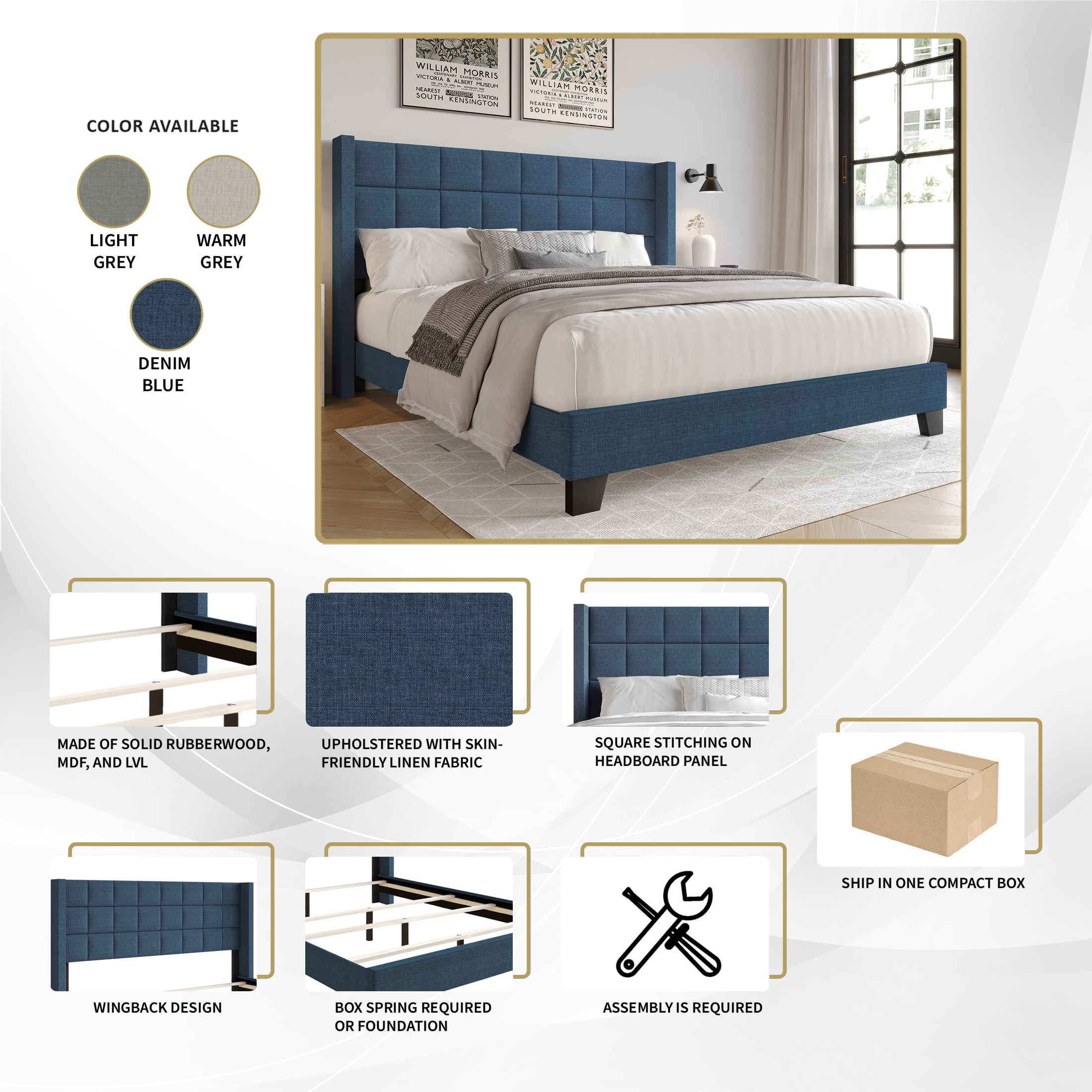 Castle Place Elegant Wingback Linen Upholstered Queen Bed, Blue