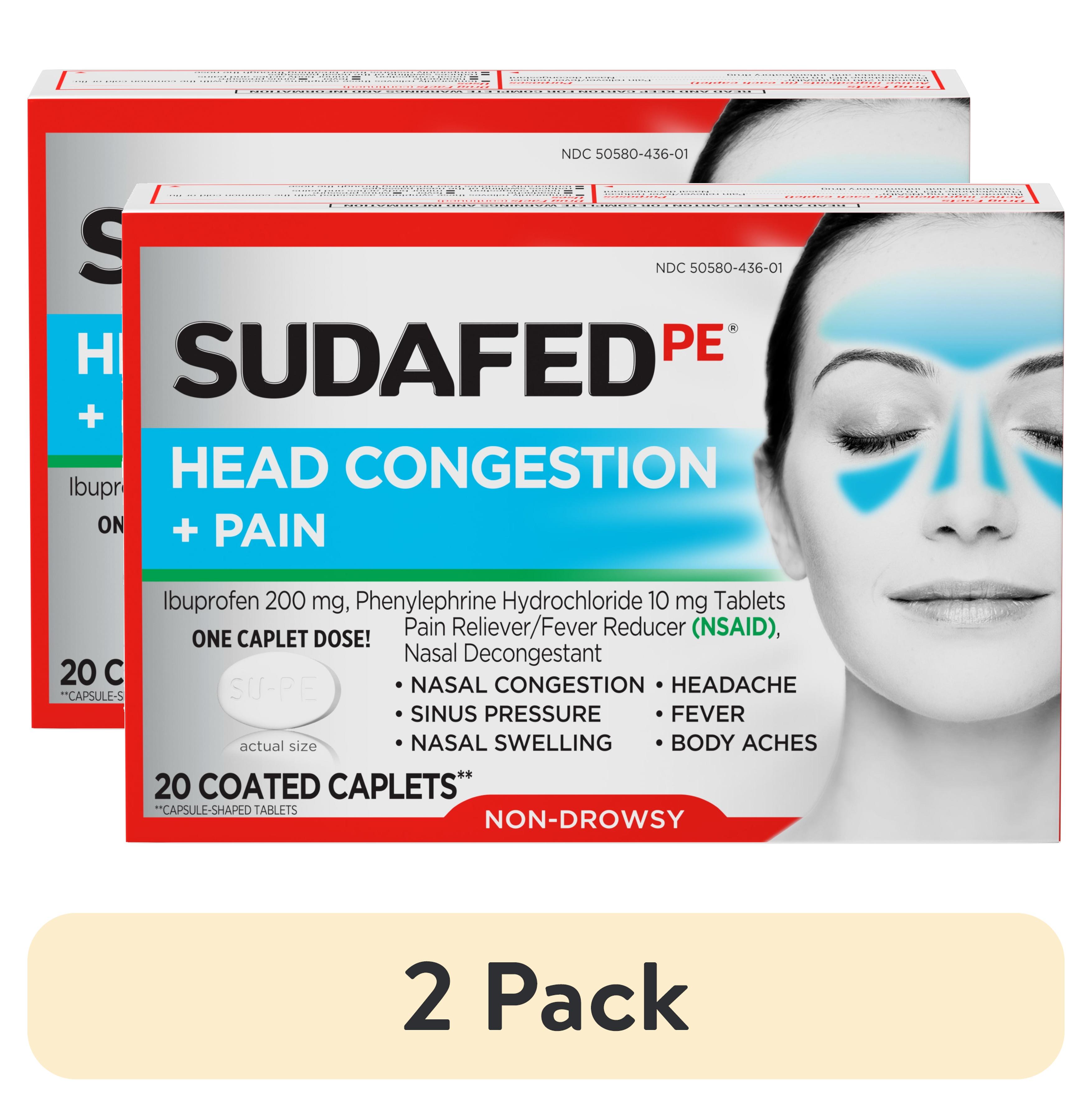 (2 pack) Sudafed PE Non-Drowsy Head Congestion + Pain Relief Caplets, 20 Count