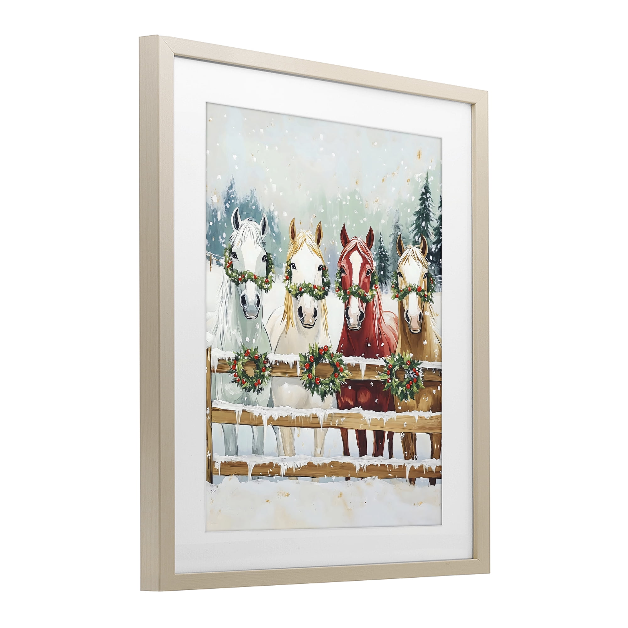Stupell Industries Christmas Horses with Holly Wreaths Birch Framed Print Under Glass, design by The Prints Vibe