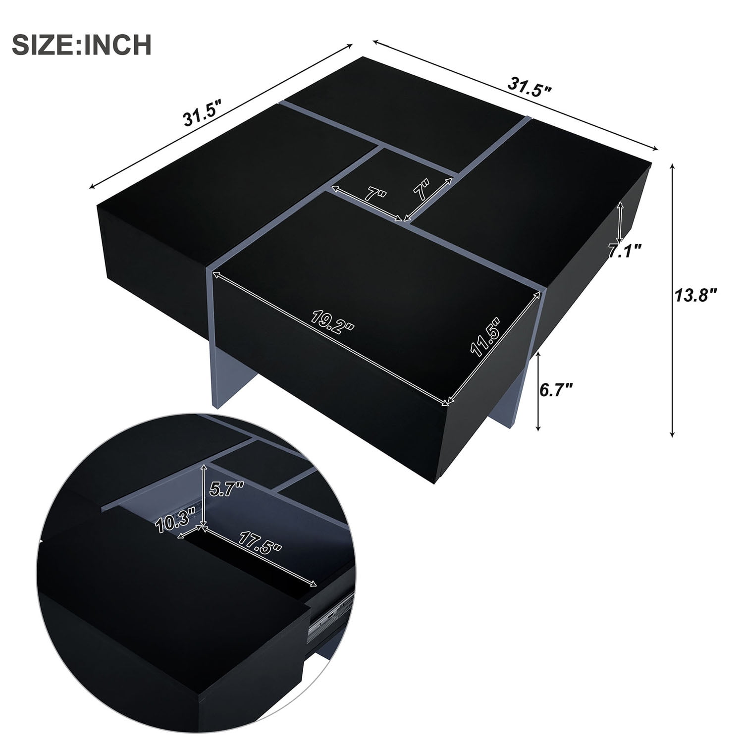 Kadyn Coffee Table, Square Tea Table with 4 Hidden Storage Compartments and Extendable Sliding Tabletop, Black Kadyn Coffee Table, Square Tea Table with 4 Hidden Storage Compartments and Extendable Sliding Tabletop, Black