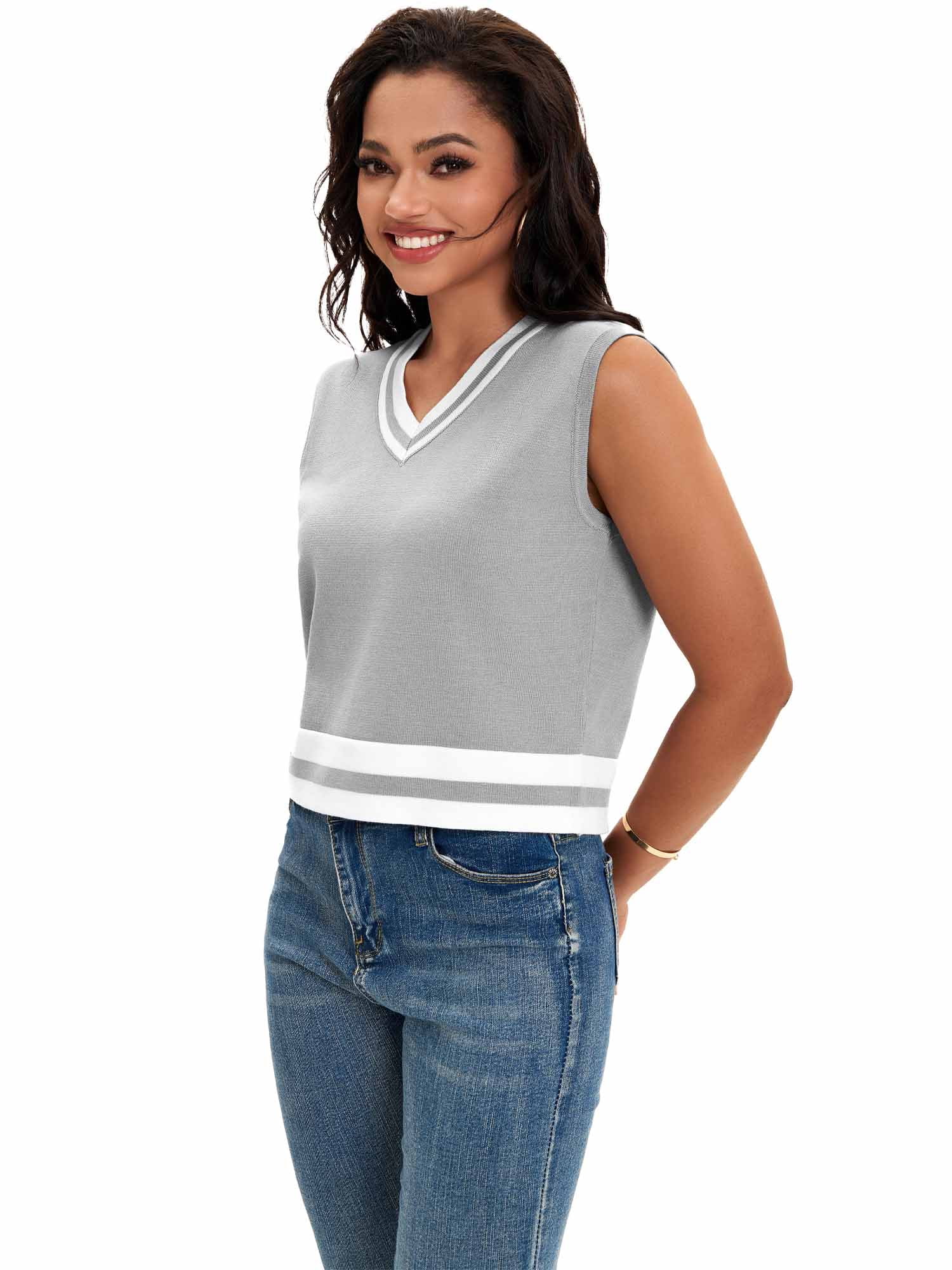 DARING DIVA Women's Cropped Sweater Vest Summer Tank Tops M Gray White