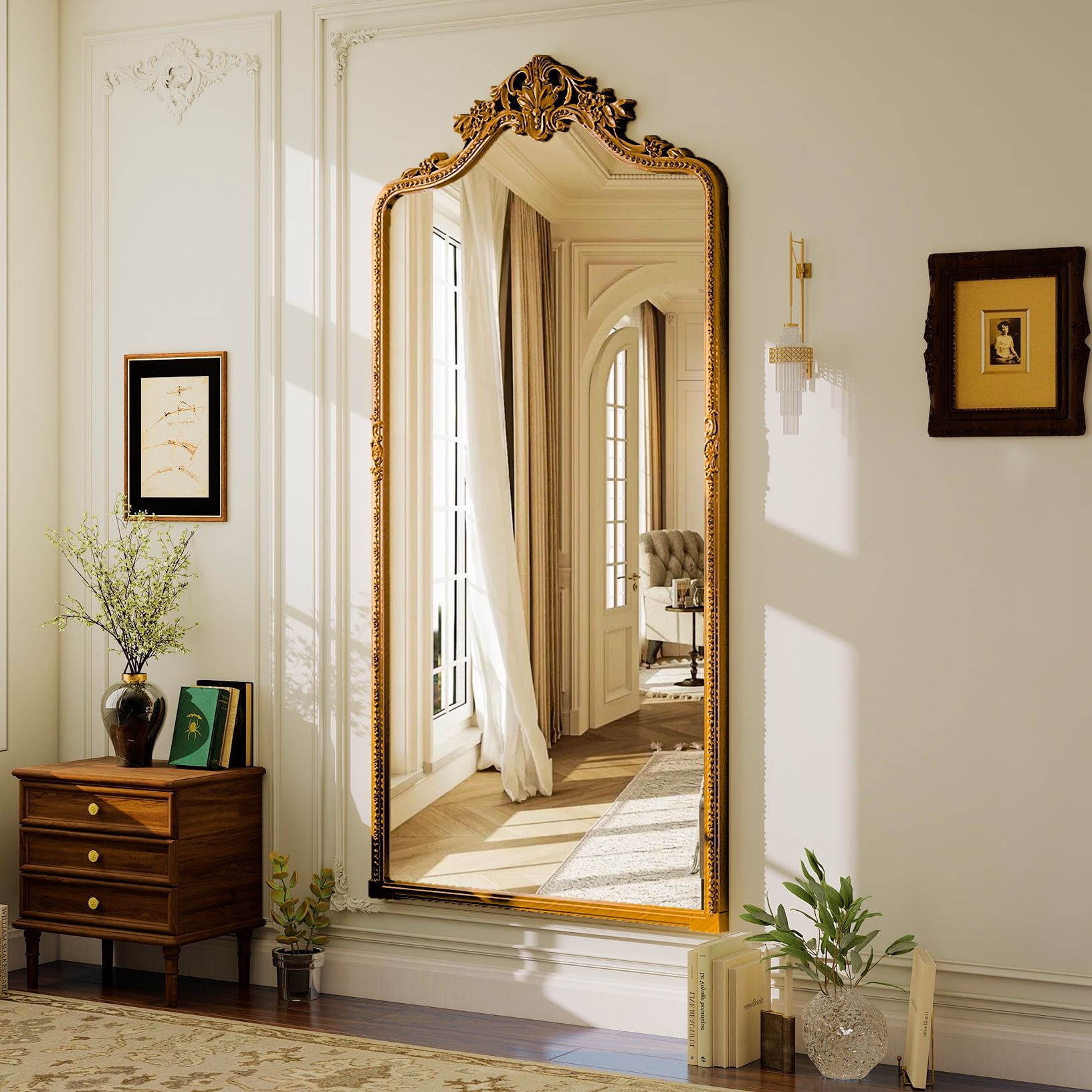 Easy4Home 71"x32" Arched Full-Length Floor Mirror, Luxurious Vintage Design with Ornate Carving, Antique Gold