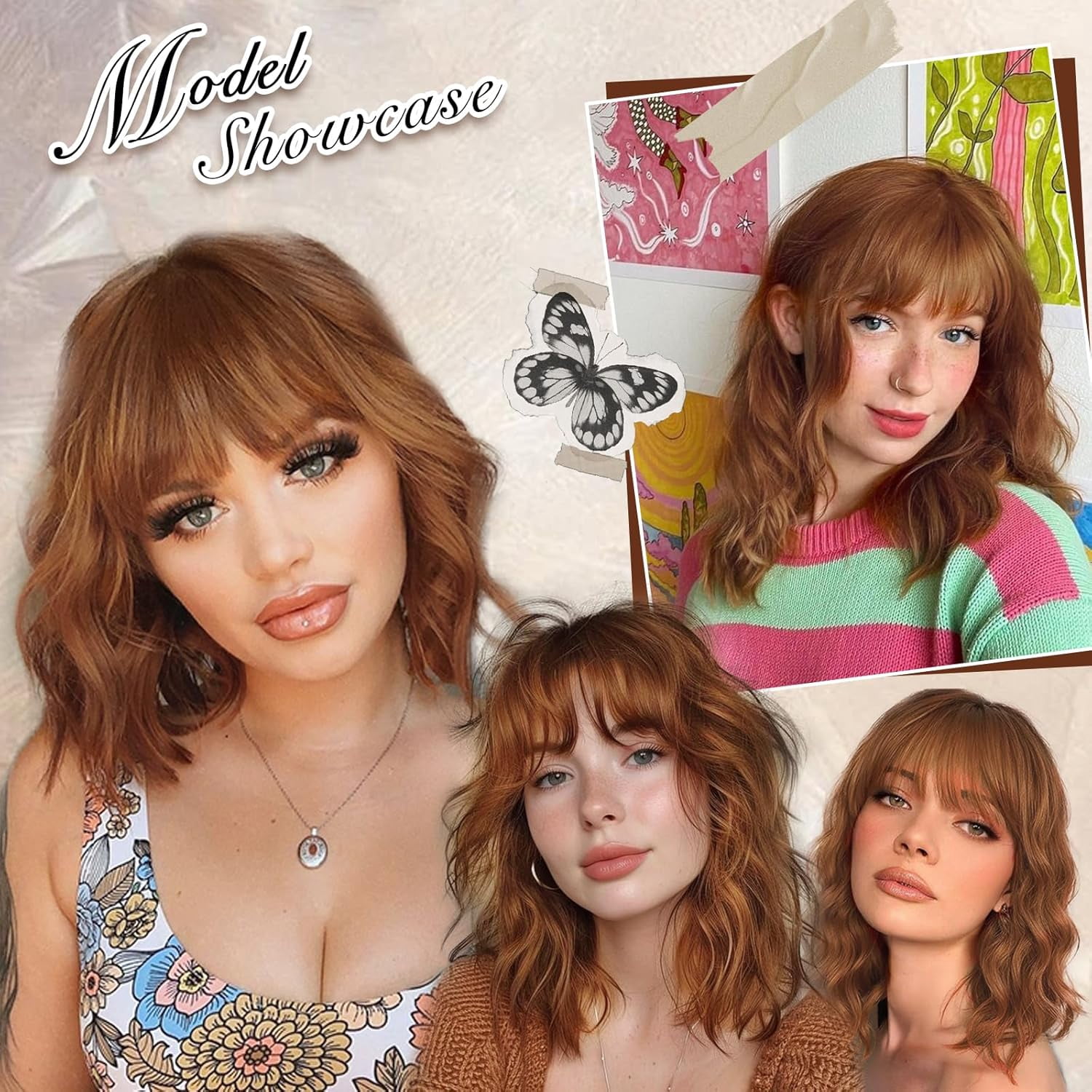 Wig with Bangs Short Bob Wigs for Women Shoulder Length Wavy Curly Wigs Synthetic Fiber Wigs 14 Inches for Daily Party Use