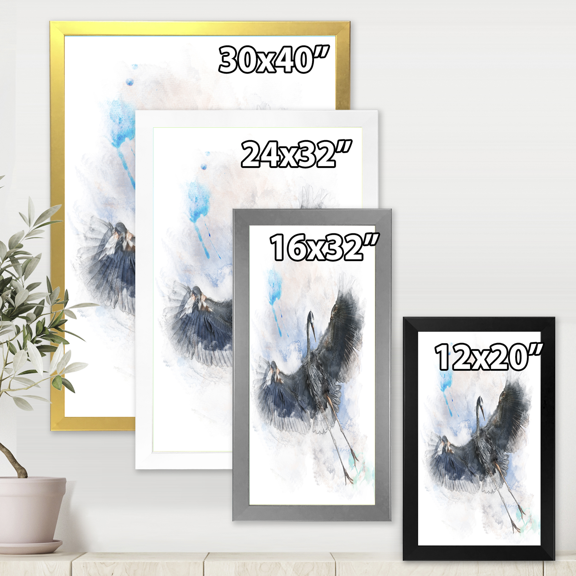 Designart 'Great Dark Blue Heron Bird Illustration' Farmhouse Framed Art Print