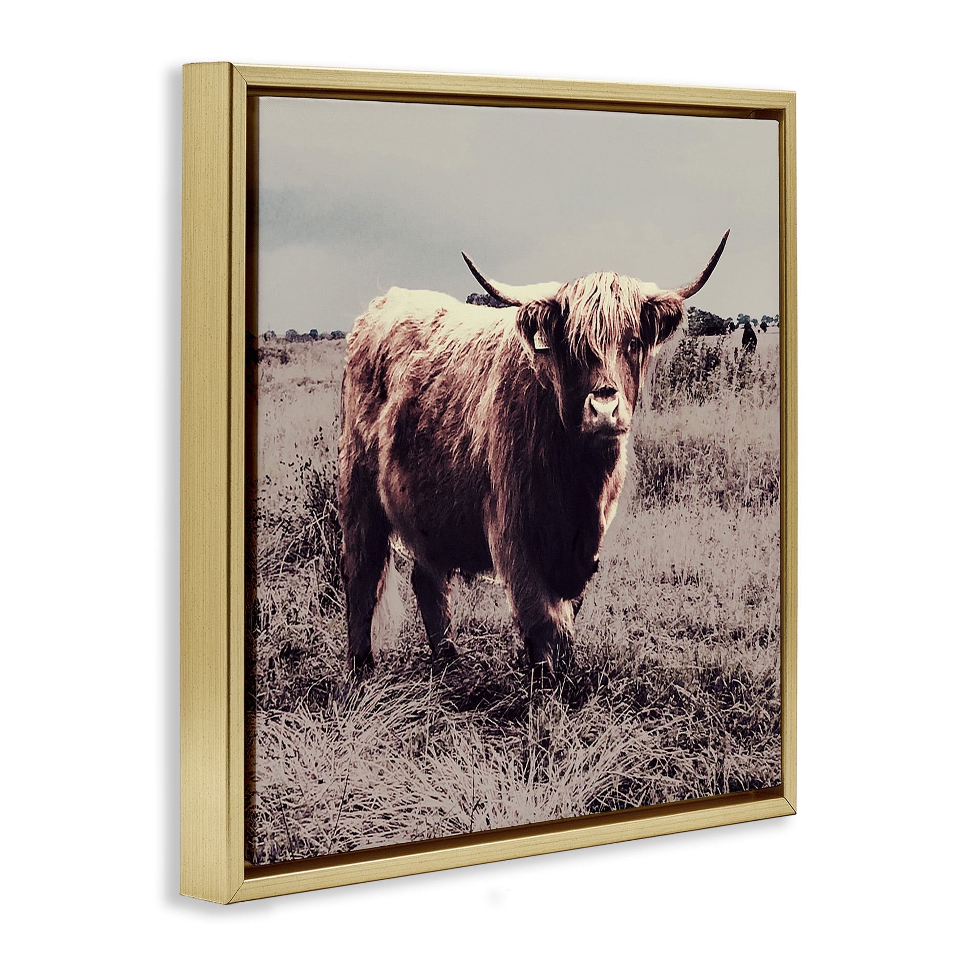 Stupell Industries Farm Cattle Rustic Vintage Styling Animals & Insects Painting Gold Floater Framed Canvas Art Print Wall Art, 18 x 18
