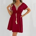 thumbnail image 2 of Daiosportswear Summer Boho Dress for Women'S Crochet Trim V Neck Waist Belt Tassel Short Sleeve Casual Dress,Women'S Short-Sleeved Dress Wine S(S), 2 of 6