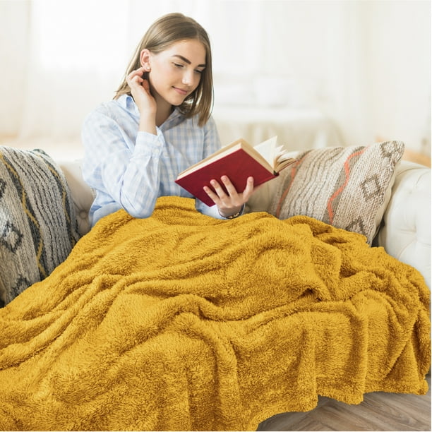 PAVILIA Sherpa Throw Blanket For Couch Sofa, Mustard Yellow Fluffy