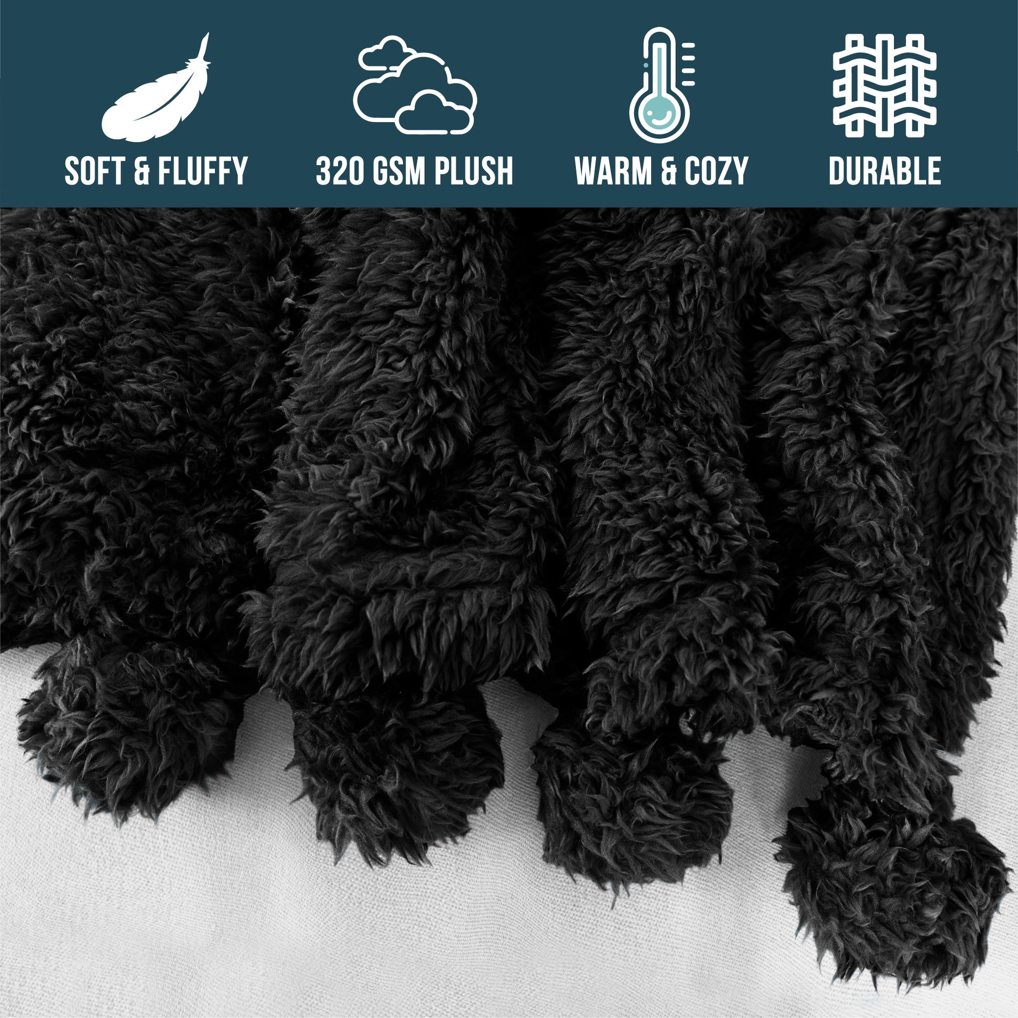 PAVILIA Black Sherpa Throw Blanket with Soft Pom Pom Fringe, Plush Cozy Warm Blankets for Couch Bed Sofa, Fuzzy Fleece Throw with Pompom, Lightweight Fluffy, Black 50x60 in