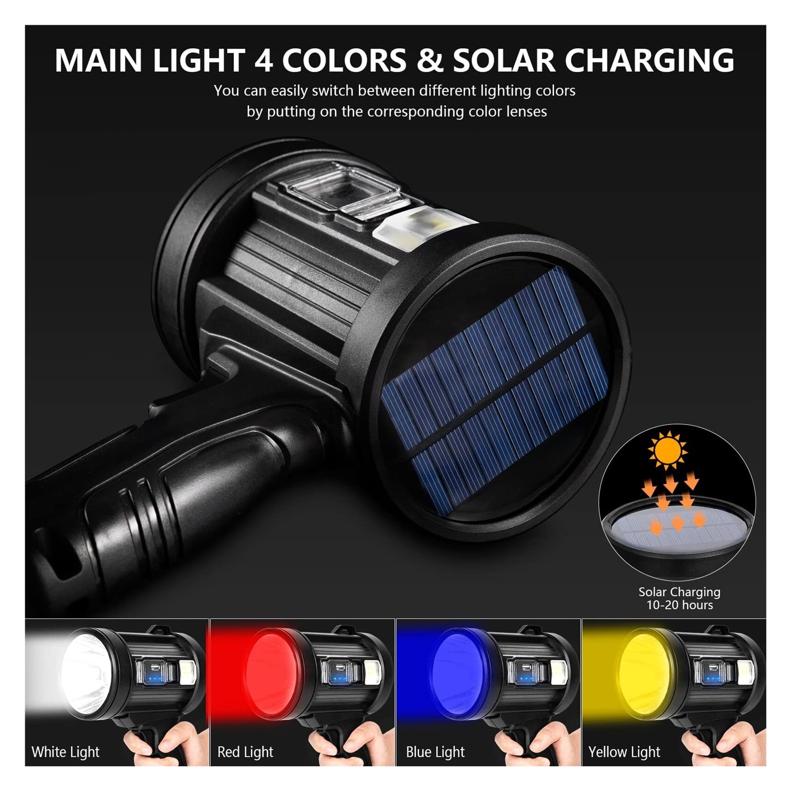 Rechargeable Spotlight, 1000,000 Lumens Handheld Hunting Flashlight Led Spot Light with Cob Light and Solar Panels, Lightweight and Super Bright Spotlight for Hunting Boating Camping