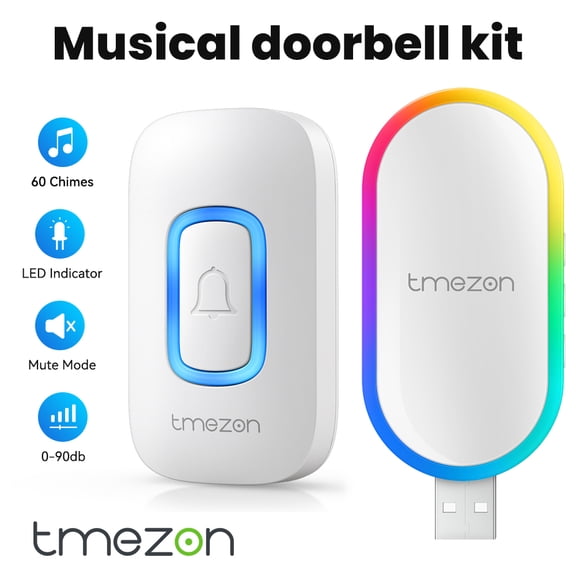 TMEZON Office Call Bell, USB Musical Doorbell Kit, Door Bell Chime, Musical Doorbell, 60 Melodies, 5 Volume Levels, Colourful LED For Home Security Outdoor
