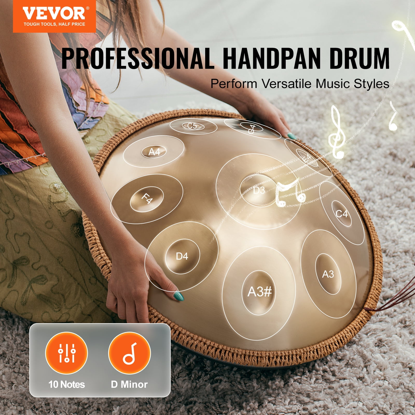VEVOR Handpan Drum, 22 in & 10 Notes, D Minor Hand Drum, Hand Pan Drum Instrument with Mallets, 432Hz Handpan Stand & Carry Bag, Steel Healing Sound Drum, Percussion Instruments for Adults Beginners